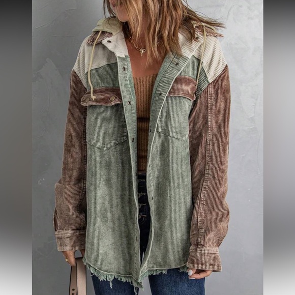 Boho Cozy Color Block Oversized Corduroy Hoodie Jacket Shacket Button Down Shirt - Picture 3 of 4